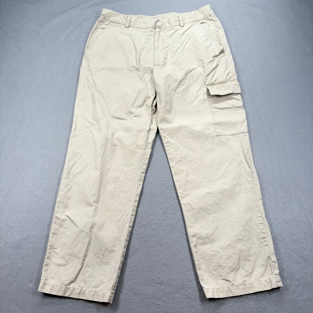 Perry Ellis Cargo Pants Mens 34x30 Tan Cotton Linen Blend Straight Utility